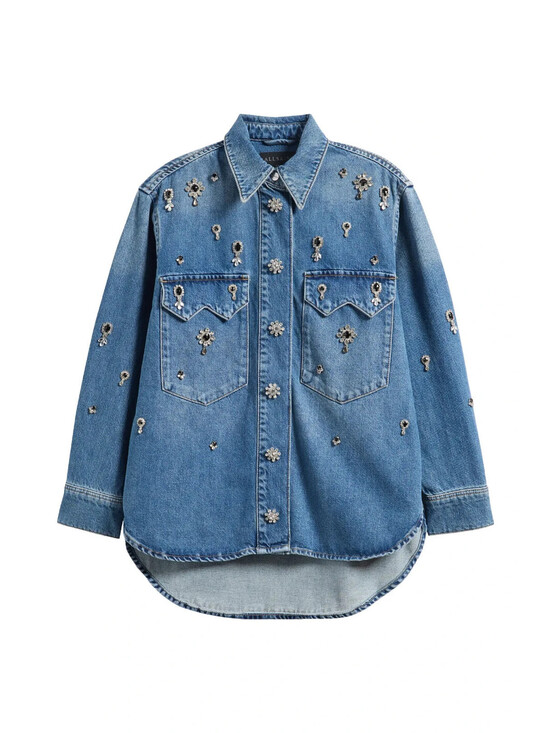 All Saints Jackets & Blazers - NEW,  AllSaints Enna Embellished Denim Snap-Up Shirt in Indigo Sz M #SJ2506